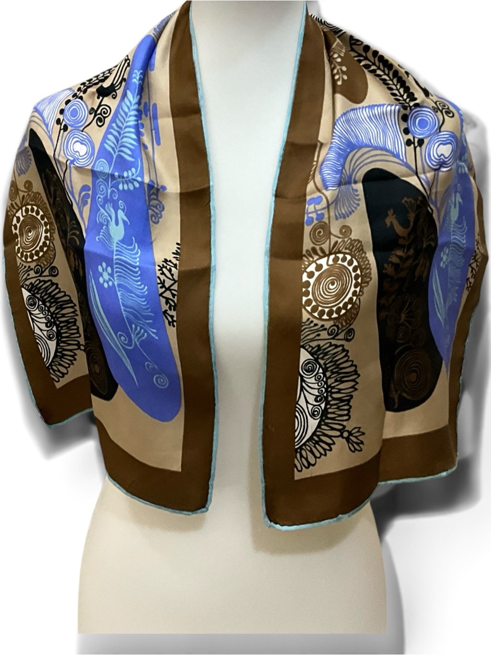 Vintage Sally Gee 100% Silk Scarf Japan Brown Blue Abstract Mod 11x41 Inches